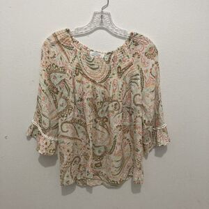NEW DIRECTIONS white multicolor paisley floral smocked flared sleeve yolk top PL